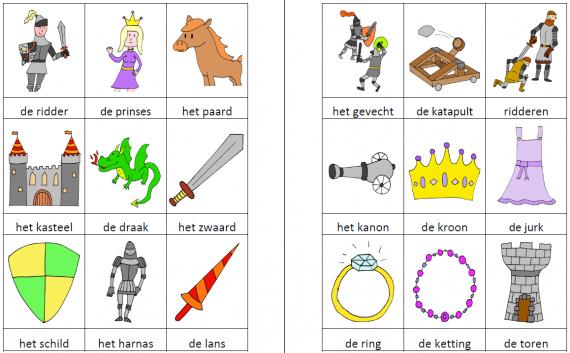 Woordkaartjes ridders en prinsessen kleur